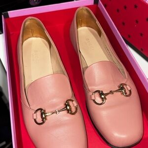 Gucci Pink Leather Loafers with Gold Detail